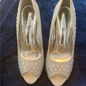 Valenti Franco Gold Crystal-Embellished Peep-Toe Heels, 7